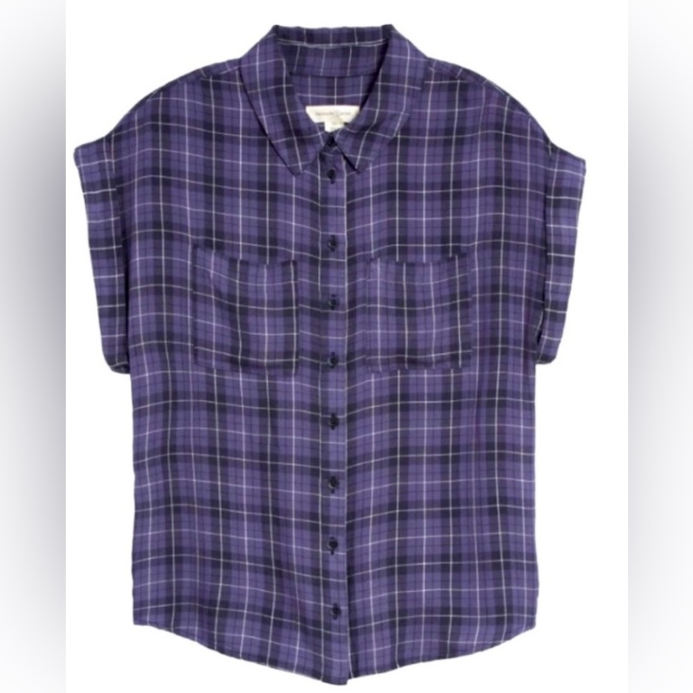 NWT Treasure & Bond Navy Blue Black Soft Plaid Button-Down Large Shirt